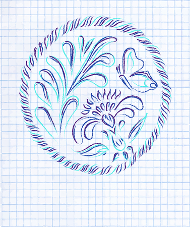 花の装飾的なイラスト 空白の練習帳の紙に描かれた飾りを手します の写真素材 画像素材 Image