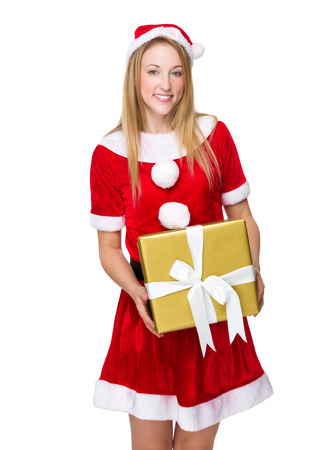 Stock Photo Woman With X Mas Costume Hold A Big Gift Box Stock Photo Woman With X Mas Costume Hold A Big Gift Box