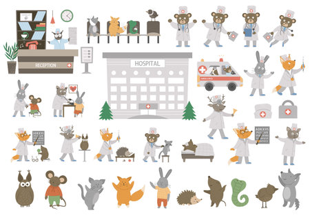 Big vector medical set with animals. cute funny hospital building, ambulance car, reception hall, doctors, patients isolated on white. health care concept for children.
