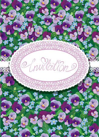 花柄とレースのオーバル フレーム縦型のカード 手書きのテキストへの招待 美しい花 パンジーと私を忘れないで 花の背景 誕生日 結婚式等のデザイン のイラスト素材 ベクタ Image