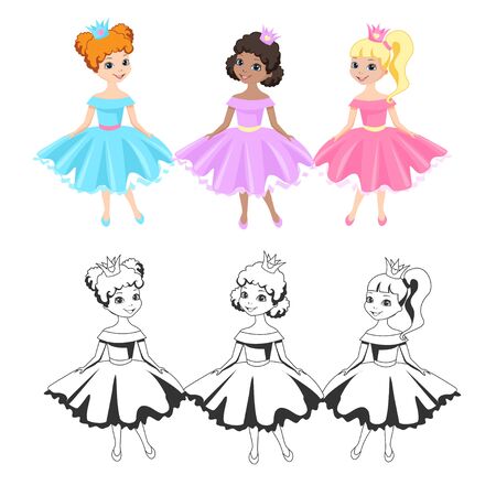 Beautiful princess in a crown and a puffy dress and outlined picture for coloring book on white background. cute little fairy girl. vector illustration.