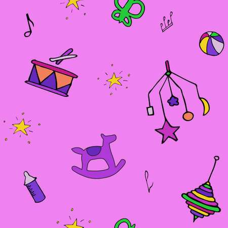 Pink background pattern with kids toys and feeding bottle, stars and sheet music, balls and drum, horse. Stock Photo