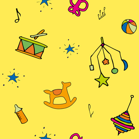 Yellow background pattern with kids toys and feeding bottle, stars and sheet music, balls and drum, horse.