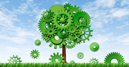 New industrial growth in manufacturing and planning for investments and seed money for future opportunities in emerging markets representing growth and prosperity with a green tree made of cogs and gears.