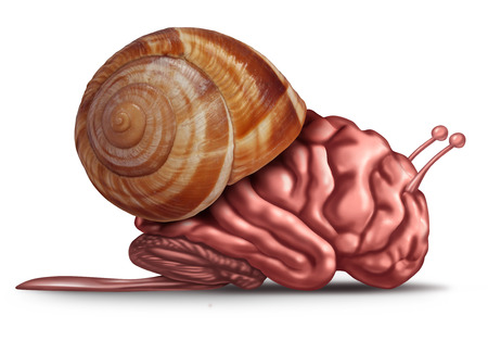 Thinking slow and brain function problems concept as a human organ in a snail shell as a mental health symbol for struggling with memory and dementia as alzheimer or neurology challenges