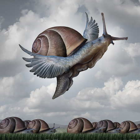 Advantage concept as a business metaphor with a surreal crowd of snails crawling slowly on the ground contrasted with a flying snail with wings as a symbol for competitive innovation and to rise above the rest. Фото со стока