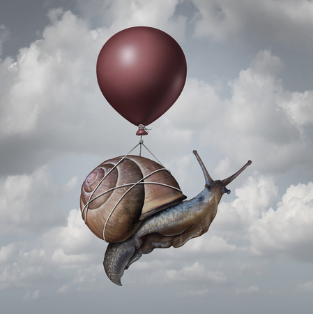 Success concept and business advantage idea or game changer symbol as a balloon lifting up a slow generic snail as a new strategy and innovation metaphor for creative,thinking.