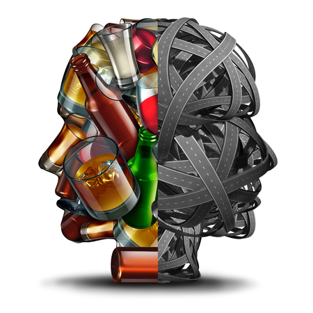 Drinking and driving and drunk driver concept under the influence of alcohol as a group of roads and alcoholic drinks in a head shape as a transportation safety issue as a 3d illustration. Stock Photo