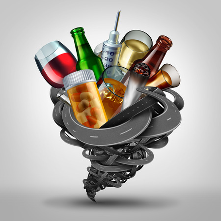 Driving under the influence and impaired driver concept as a symbol for dui and dwi as a group of roads shaped as a tornado with prescription and recreational drugs as cannabis pills and alcohol as a 3d illustration.