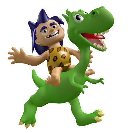 変な野蛮な少年はかわいい恐竜に乗って 3 D イラスト 陽気なキャラクター の写真素材 画像素材 Image
