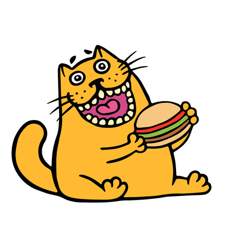 漫画オレンジ猫は ハンバーガーを食べています 面白いクールなキャラクター 輪郭フリーハンド デジタル図面かわいい猫 白い色の背景 Web アイコンとシャツの陽気なペット ベクトル図を分離しました のイラスト素材 ベクタ Image