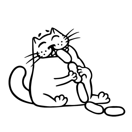 オレンジ色の猫を食べるソーセージ 面白い漫画のクールなキャラクター 輪郭フリーハンド デジタル図面かわいい猫 白い色の背景 Web アイコンとシャツの陽気なペット ベクトル図を分離しました のイラスト素材 ベクタ Image
