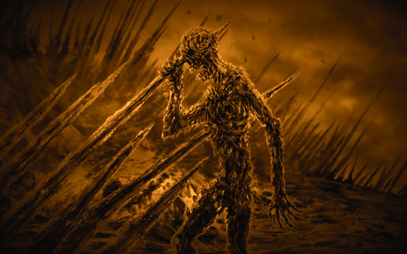 Dead man on stakes waving his hand in the wind. genre of horror. orange background color