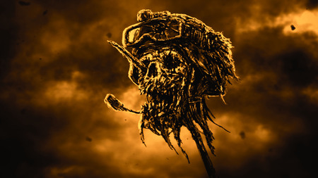Dead soldier head in helmet on metal pin. zombie war is over. dark sky background. genre of horror. black and white color.