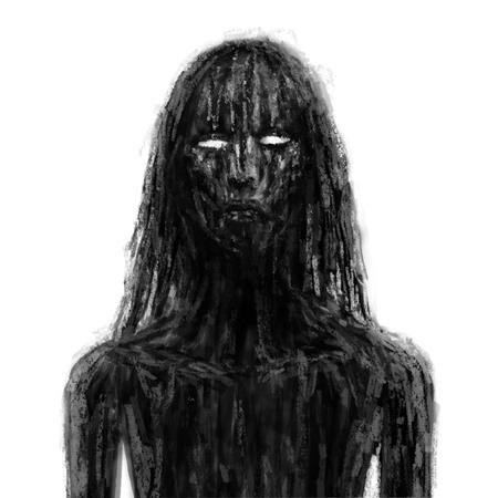 Scary vampire girl in black mud. illustration in the horror genre. horror character concept. black and white color.