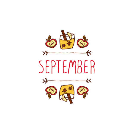 手書き風アップル アップル サイダー 白の背景上のテキストと文字体裁の要素 9 月 のイラスト素材 ベクタ Image
