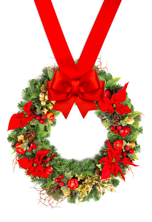 christmas wreath with poinsettia flowers golden decoration and red ribbon bow isolated on white background - Red Christmas Wreath christmas wreath with poinsettia flowers golden decoration and red ribbon bow isolated on white background - Red Christmas Wreath