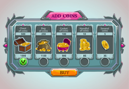 Bag of gold coins: Thêm bảng điều khiển đồng tiền, tài sản vector trò chơi sử thi với các đồng tiền biểu tượng và nút Hình minh hoạ