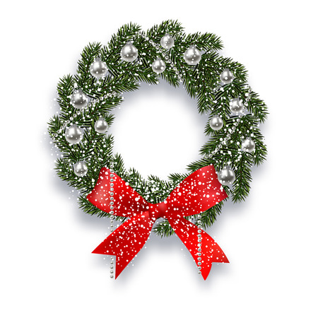 Christmas, New Year. Green spruce branch. Christmas wreath with shadow and snowflakes. Red onions, silver balls and beads on a white background. illustration Иллюстрация