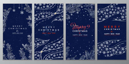 Christmas poster set. vector of christmas cards with branches of christmas tree on deep blue background.