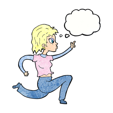 漫画女性を実行していると思考バブル指差し呼称のイラスト素材 ベクタ Image