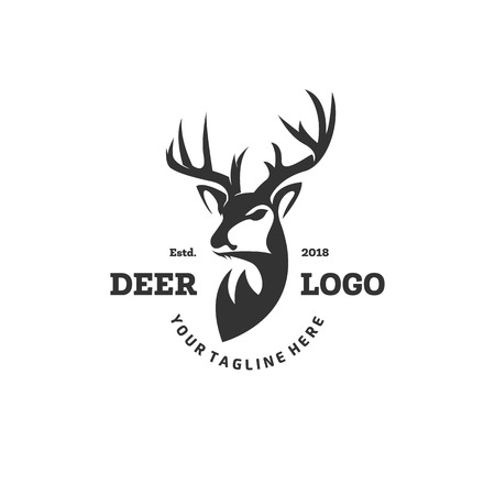 Hunting club logo template. deer head and horns silhouette isolated on white background. vector object for labels, badges, logos and other design. deer logo, hunter logo, deer hunting, retro logo