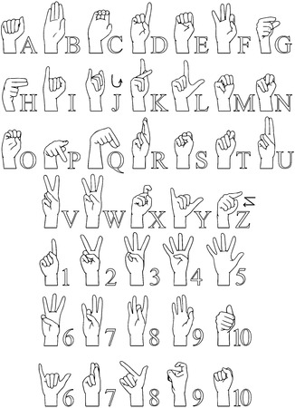 Vector illustrations pack of sign language ABC and numbers. Illustration