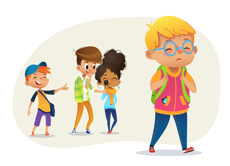 Sad overweight boy wearing glasses going through school. school boys and gill laughing and pointing at the obese boy. body shaming, fat shaming. bulling at school. vector illustration. Stock Photo