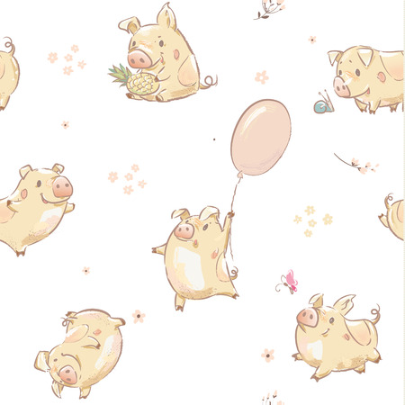 Funny Piggy Seamless Pattern Print Vector Set. Cute Wrapping Paper Design with Yellow Pig Character Fly on Balloon, Hold Pineapple get Fun. Summer Invitation Card Illustration on White Background