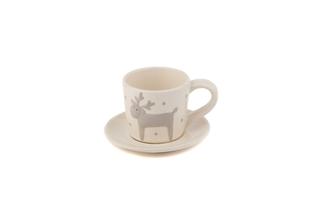 Beige ceramic cup for coffee or tea on the white background