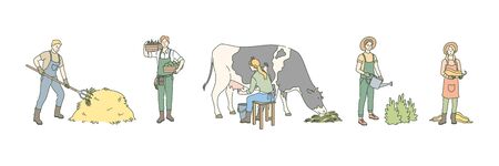 Set of village farmers concept. group of men and women, farmers agricultural workers in village. rural lifestyle, farming. milking cow, husbandry, gardening, hay feeding, pouring plants, harvesting.