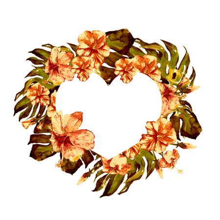 エキゾチックな花と葉ボーダーハート ハワイの花を咲かした熱帯夏のモチーフ 水彩ハンドペイントイラストエキゾチックな花 テキストの罫線テキスタイル ファブリックプリント の写真素材 画像素材 Image エキゾチックな花と葉ボーダーハート ハワイの花を咲かした熱帯夏のモチーフ 水彩ハンドペイントイラストエキゾチックな花 テキストの罫線テキスタイル ファブリックプリント の写真素材 画像素材 Image