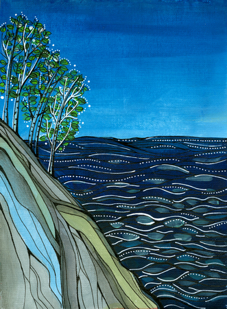 summer landscape colorful acrylic drawing of river and trees