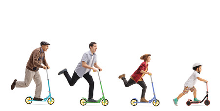Senior, man, young man and a kid riding scooters isolated on white background