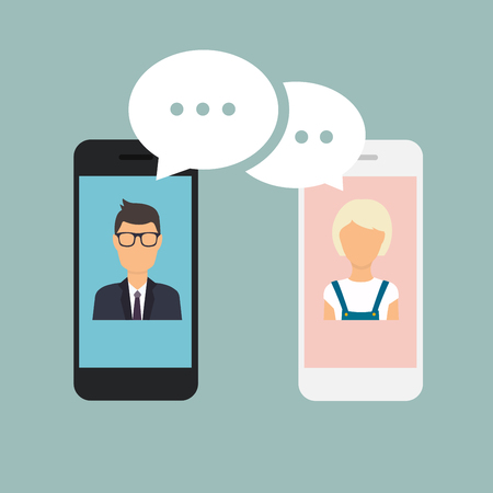 オンライン チャットの男と女 出会い系グラフィックのコンセプト 携帯電話上でチャットをカップルします 漫画男女 のイラスト素材 ベクタ Image