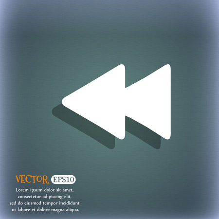 Rewind icon symbol on the blue green abstract background with shadow and space