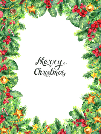 merry christmas frame template with european holly and decoration