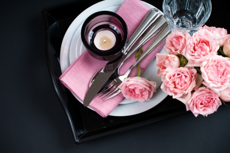 Luxury Festive Table Setting With Pink Roses, Candles And Shiny ... Luxury Festive Table Setting With Pink Roses, Candles And Shiny ...