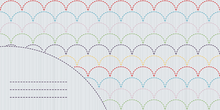 日本のキルティングのはがき テキスト フレーム 刺し子ステッチ背景 伝統的な刺繍 抽象的な背景 シンプルな刺し子の背景コピーのテキストのための領域に 刺し子モチーフ 魚の鱗 うろこ のイラスト素材 ベクタ Image