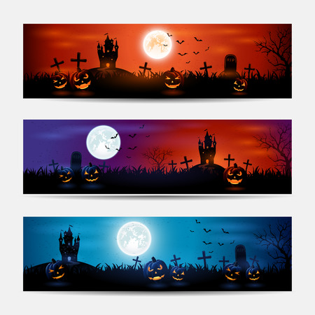 Moonlight lanterns: banner Halloween với lâu đài và bí ngô vào nghĩa trang, minh họa.