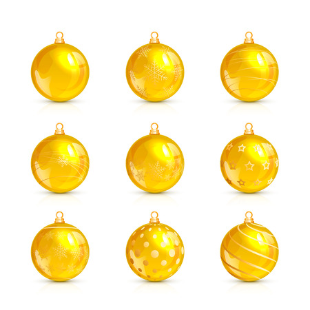 set of decorative yellow christmas balls with golden holiday yellow christmas balls