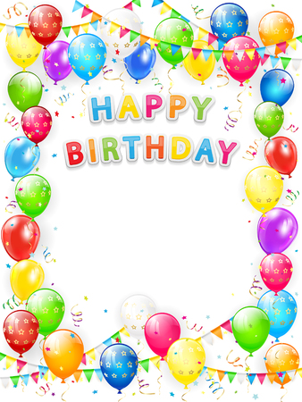 Lettering Happy Birthday. Frame of flying colorful balloons, multicolored pennants, streamers and confetti on white background, illustration. Vector Illustration