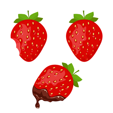 Set of ripe strawberry and red strawberry with chocolate isolated on white background, illustration. Stock Photo