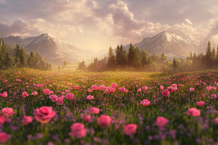 Natural beauty podium backdrop with spring rose flower field Natural beauty podium backdrop with spring rose flower field