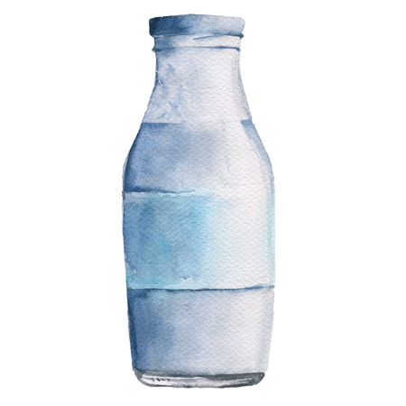 牛乳やヨーグルトの瓶 白い背景上に分離 水彩イラスト の写真素材 画像素材 Image