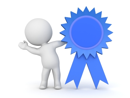 3 D キャラクター ブルー賞リボンに傾いた 白で隔離 の写真素材 画像素材 Image