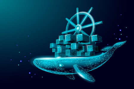 Whale and container computer docker developer app concept. business digital open source program. data coding steering 3d low polygonal vector line illustration