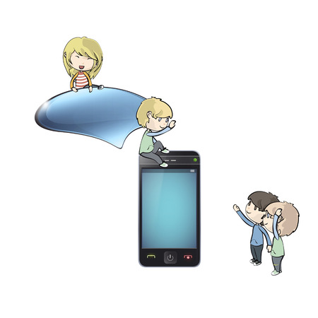 Kids around phone with speech bubble vector design