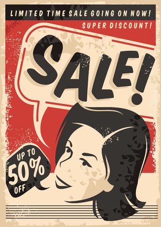 Vintage Sale Comic Style Poster On Old Paper Texture. Retro Promotional Shopping Advertise With Woman Portrait.