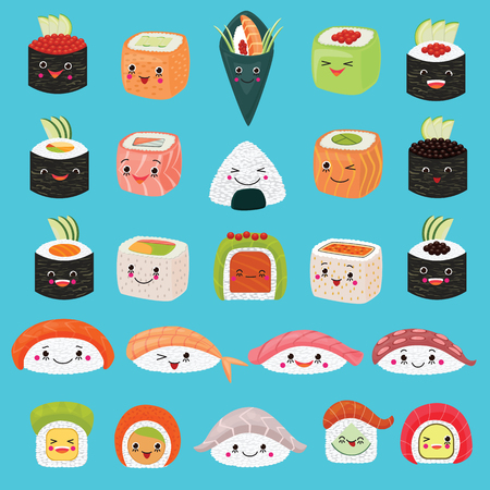 274 traditional animate cliparts stock vector and royalty free kawaii food vector emoticon japanese sushi character and emoji sashimi roll with cartoon rice in japan